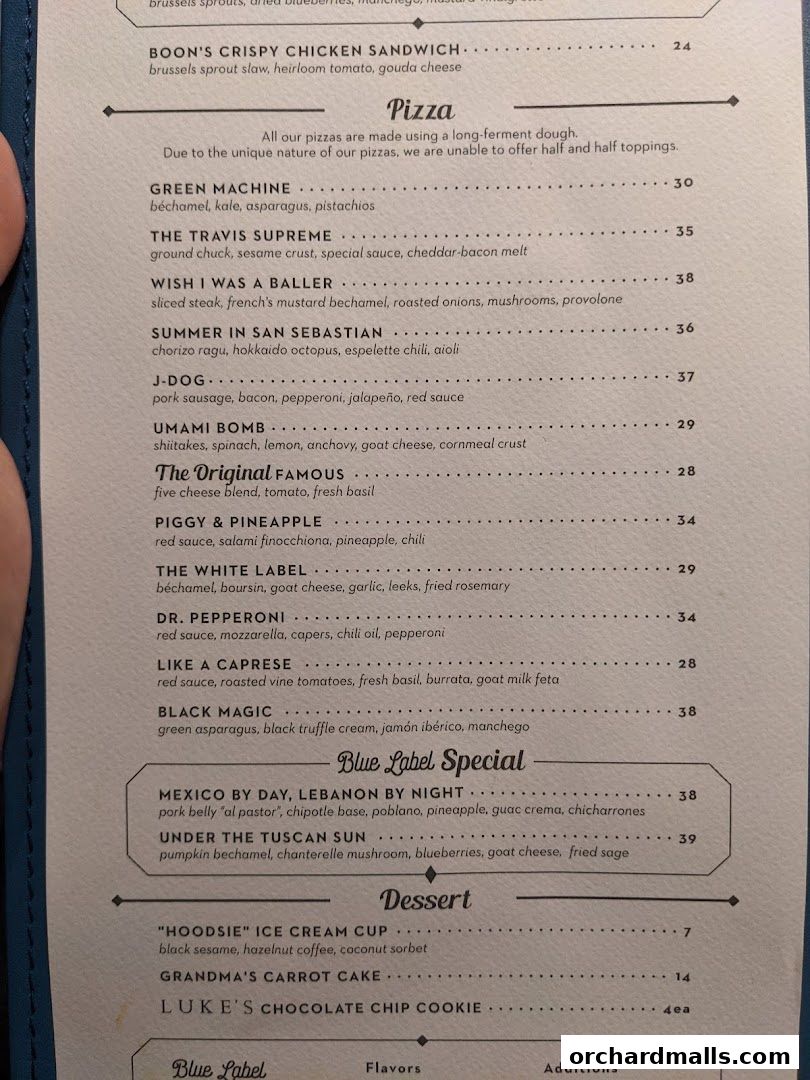 Menu page for Blue Label Pizza  Wine