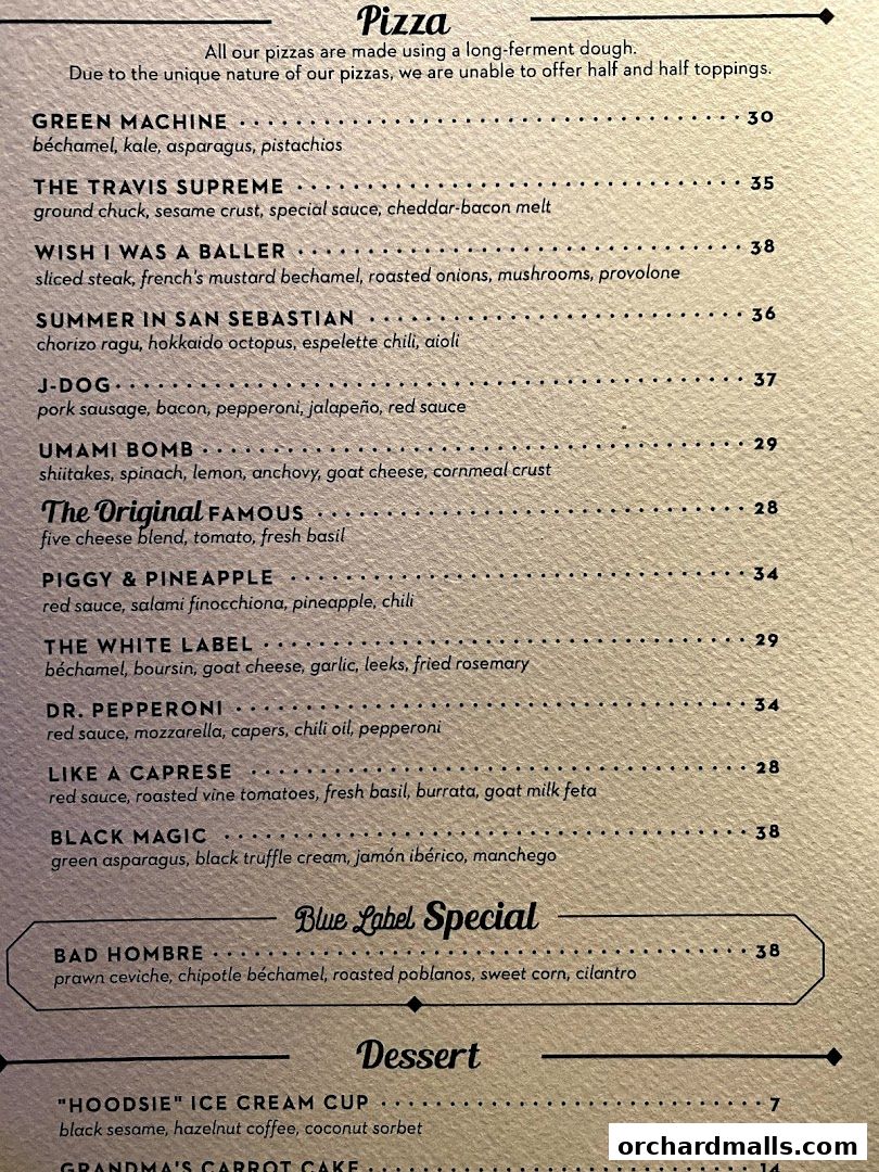 Menu page for Blue Label Pizza  Wine