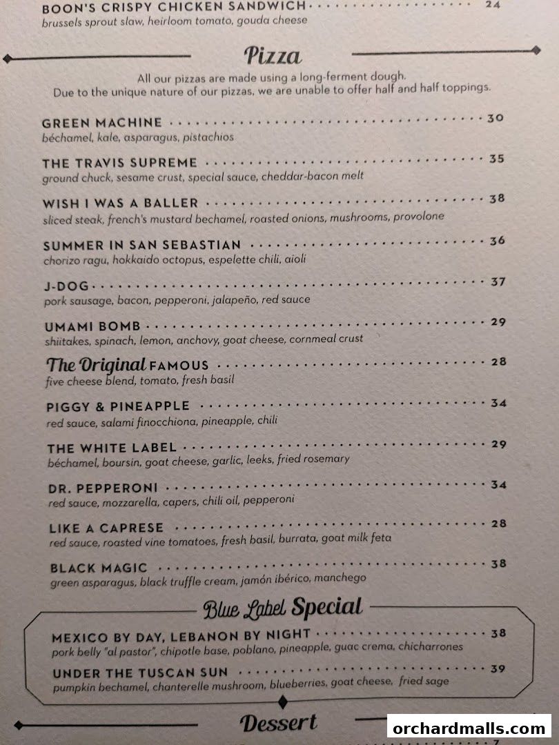 Menu page for Blue Label Pizza  Wine