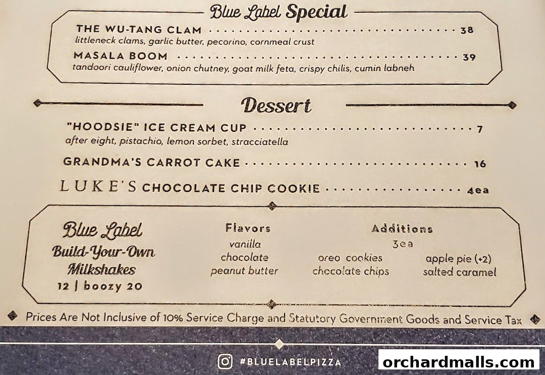 Menu page for Blue Label Pizza  Wine