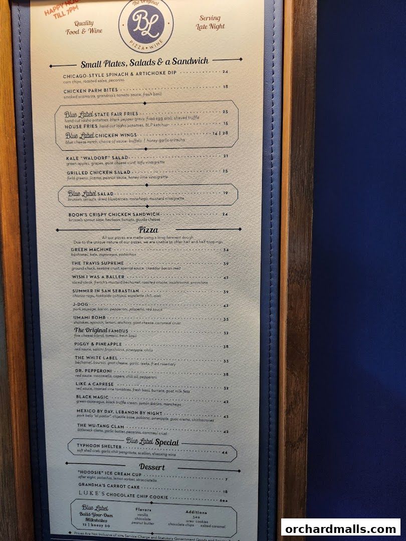 Menu page for Blue Label Pizza  Wine