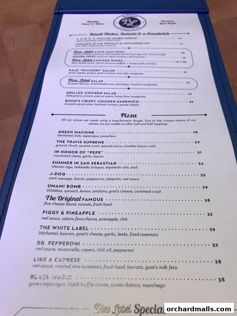 Menu page for Blue Label Pizza  Wine