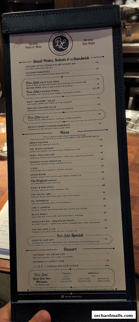 Menu page for Blue Label Pizza  Wine