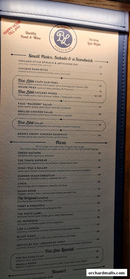Menu page for Blue Label Pizza  Wine
