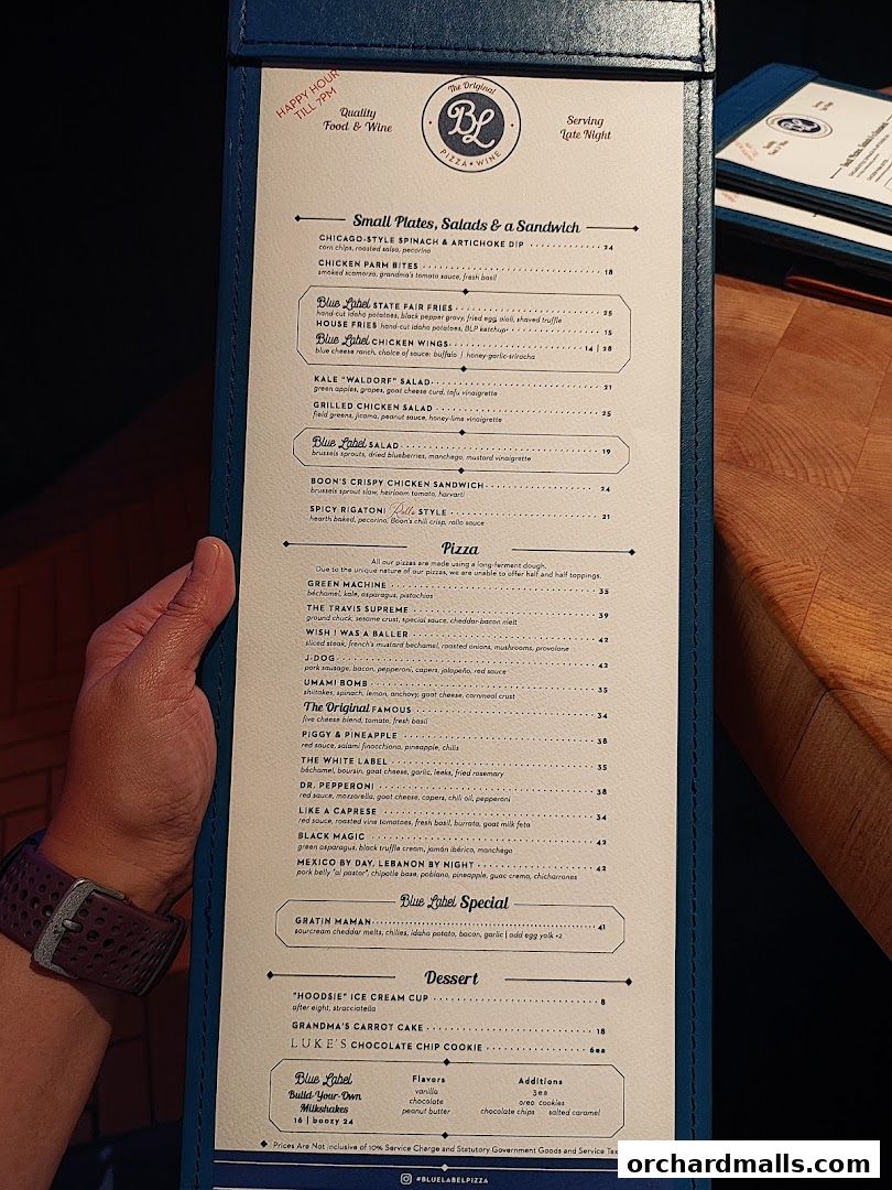 Menu page for Blue Label Pizza  Wine