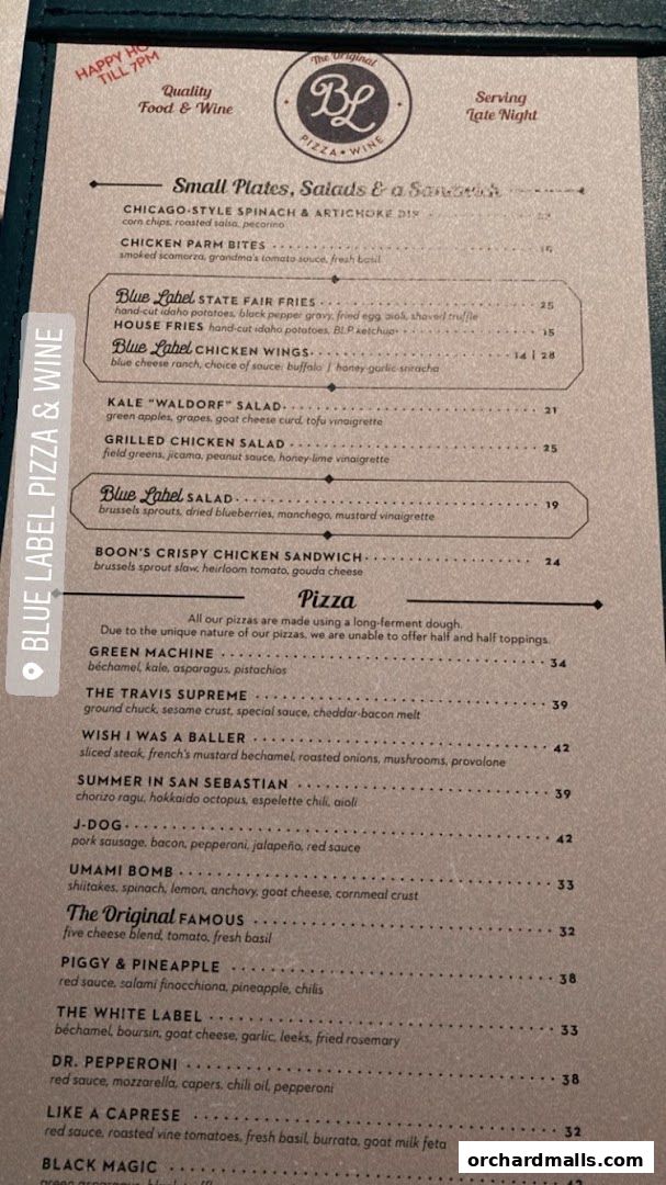 Menu page for Blue Label Pizza  Wine