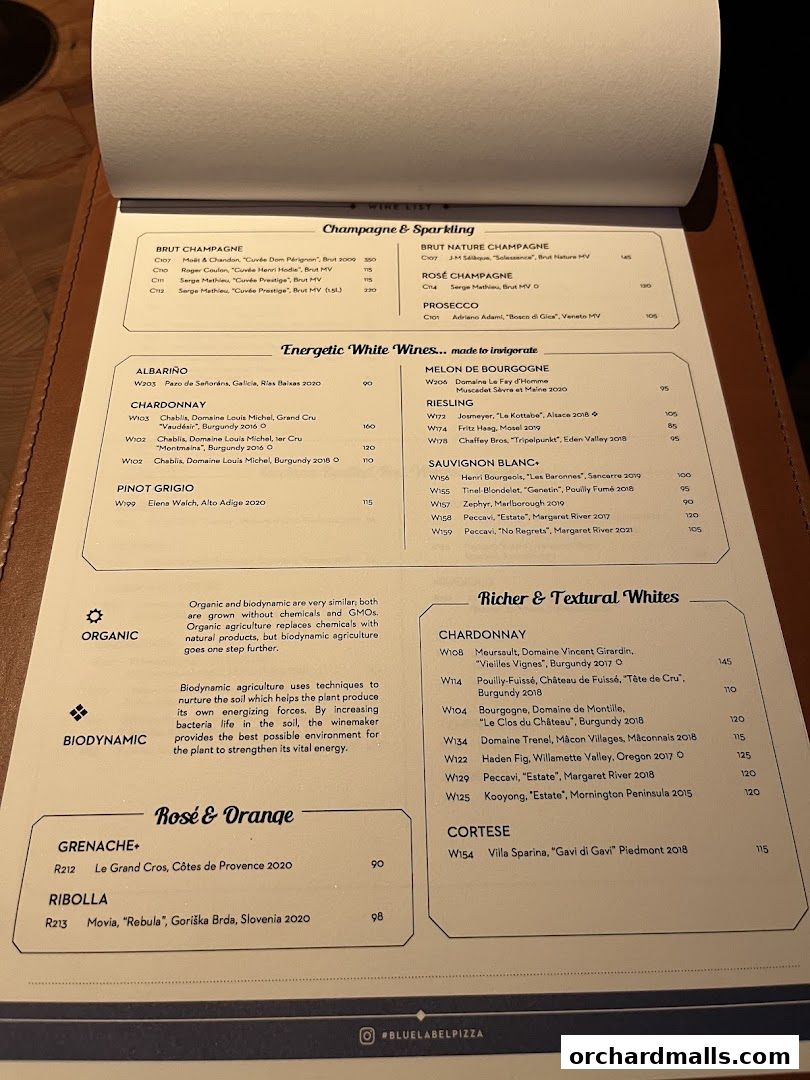 Menu page for Blue Label Pizza  Wine