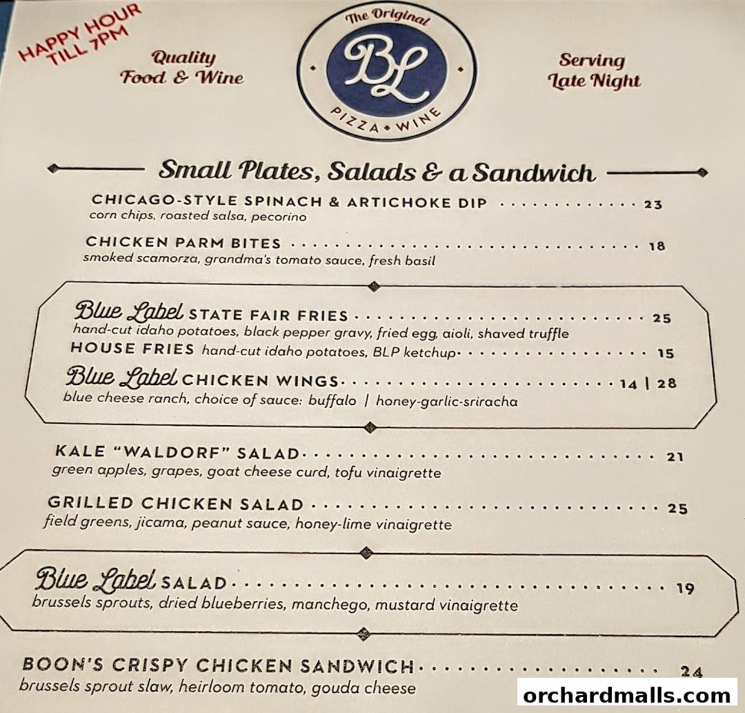 Menu page for Blue Label Pizza  Wine