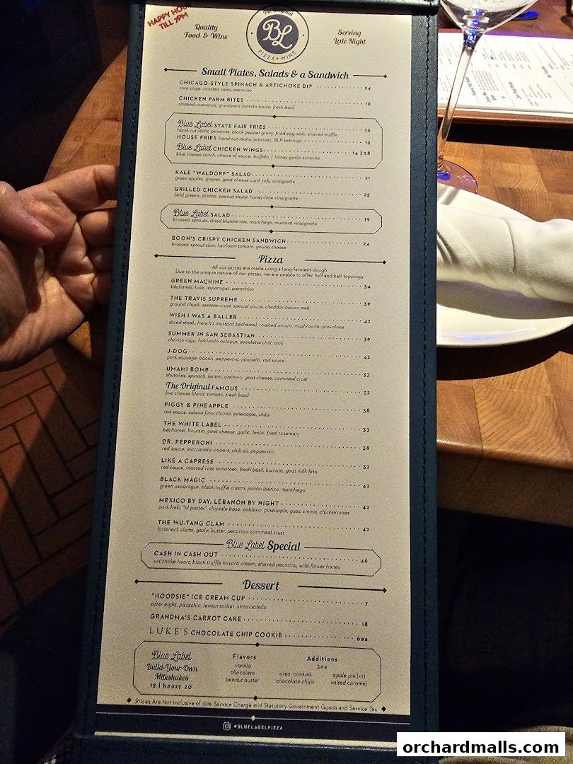 Menu page for Blue Label Pizza  Wine