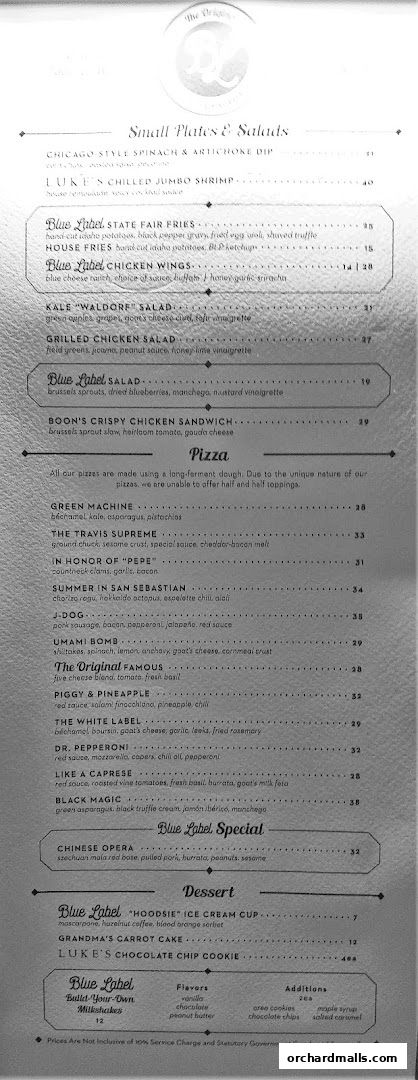 Menu page for Blue Label Pizza  Wine