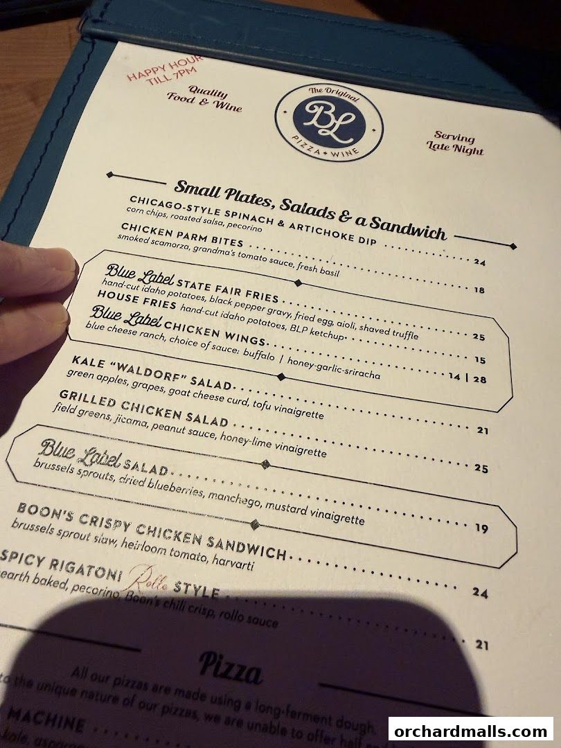 Menu page for Blue Label Pizza  Wine