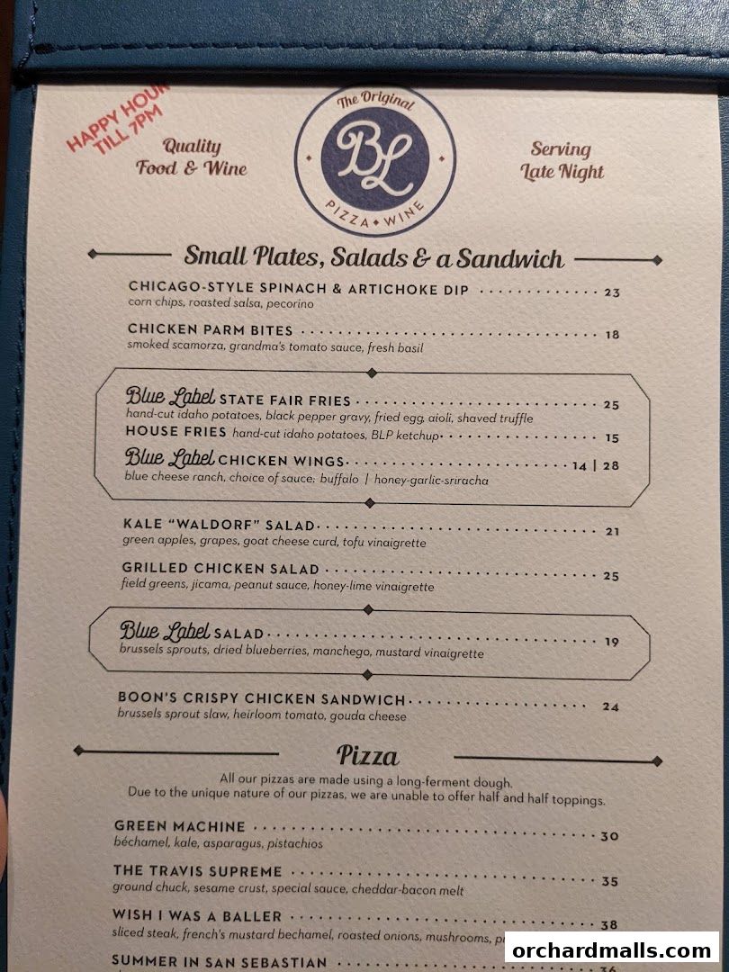 Menu page for Blue Label Pizza  Wine