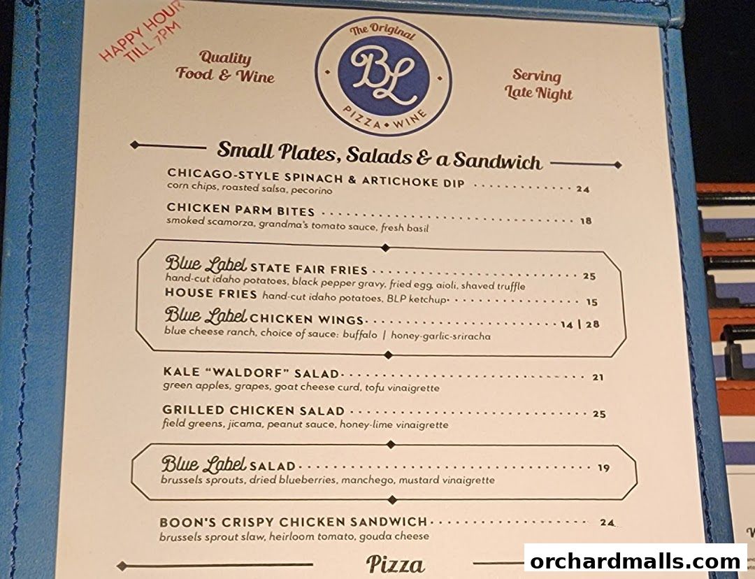 Menu page for Blue Label Pizza  Wine