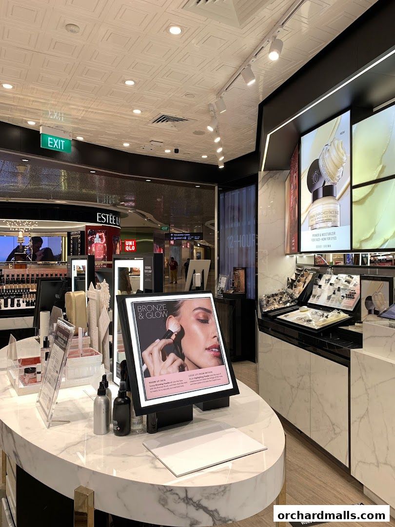 Interior of a Bobbi Brown cosmetics store with makeup displays and promotional screens.
