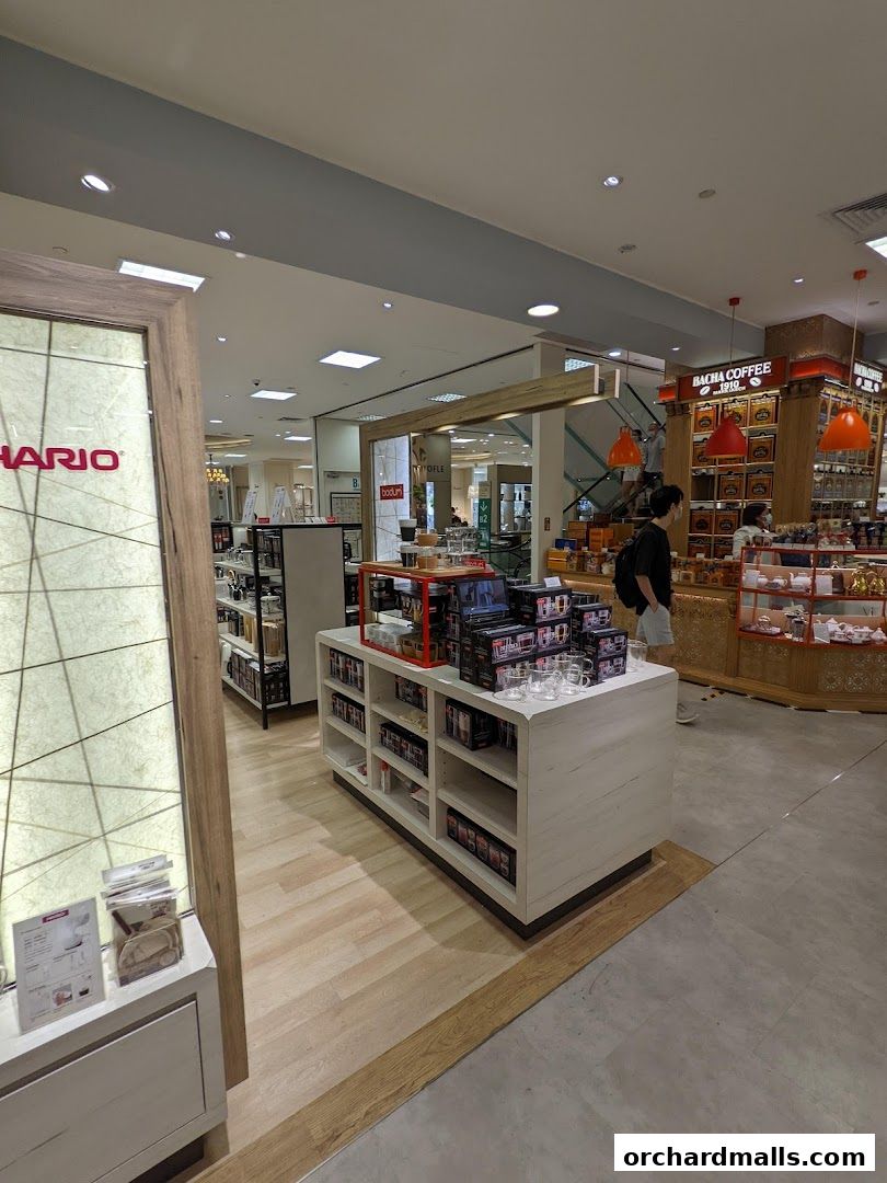 Interior view of a Bodum store showcasing coffee makers, mugs, and other kitchenware.