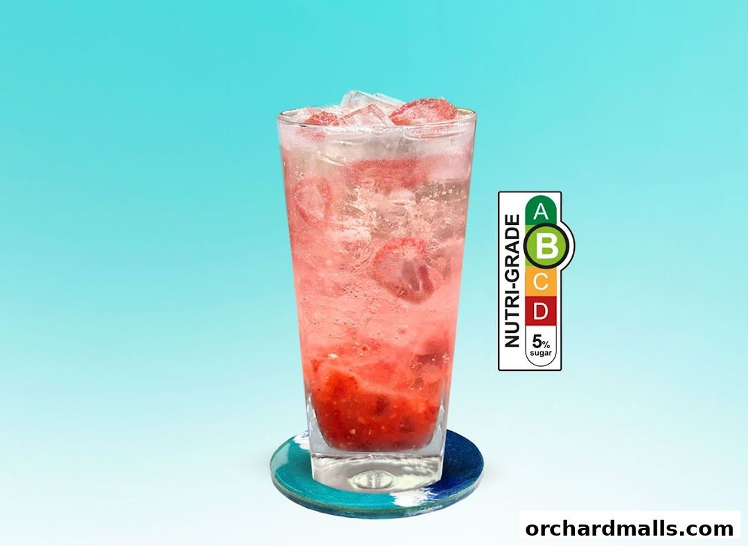 A refreshing strawberry drink with ice and fruit slices, featuring a Nutri-Grade label.