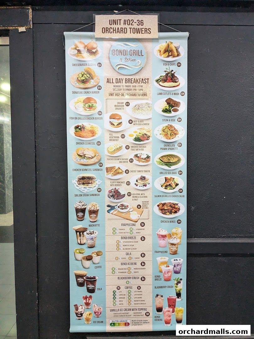 A menu board for Bondi Grill & Wine, featuring burgers, pasta, breakfast, and drinks.