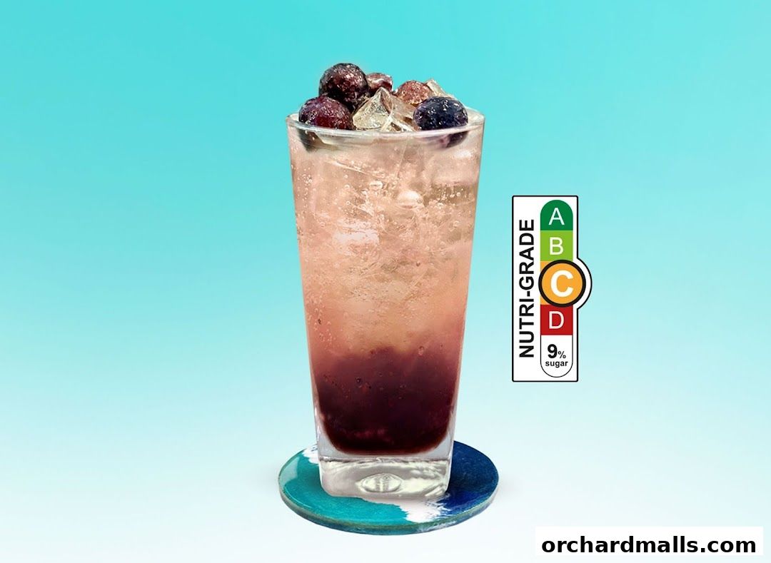 A refreshing berry-infused drink with ice and fresh berries, featuring a Nutri-Grade label.