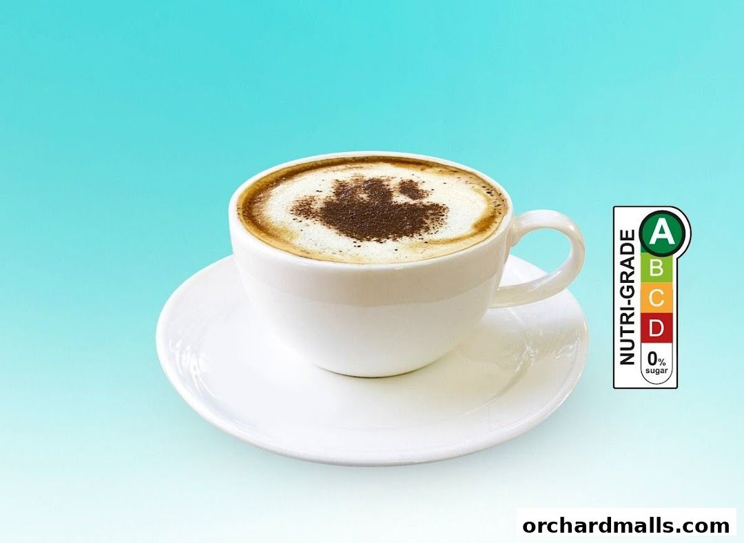 A white cup of coffee with latte art and a Nutri-Grade label.