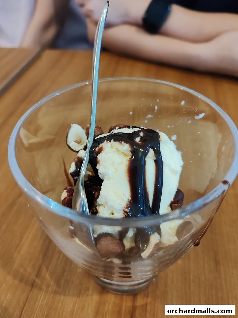 A delicious ice cream sundae with chocolate sauce and nuts in a glass bowl.