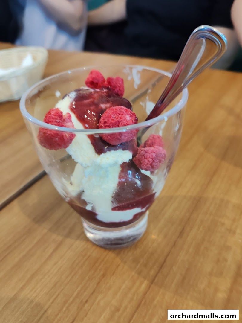 A delicious dessert with ice cream, raspberry sauce, and fresh raspberries in a glass.