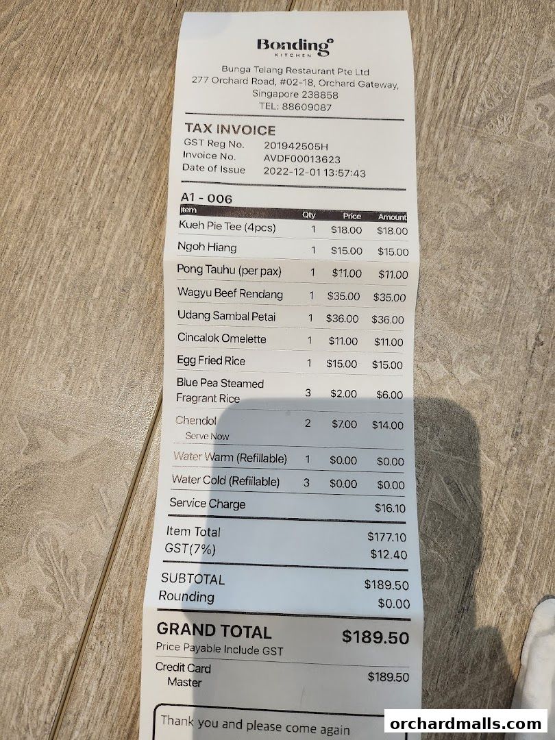 Menu page for Bonding Kitchen Orchard Singapore