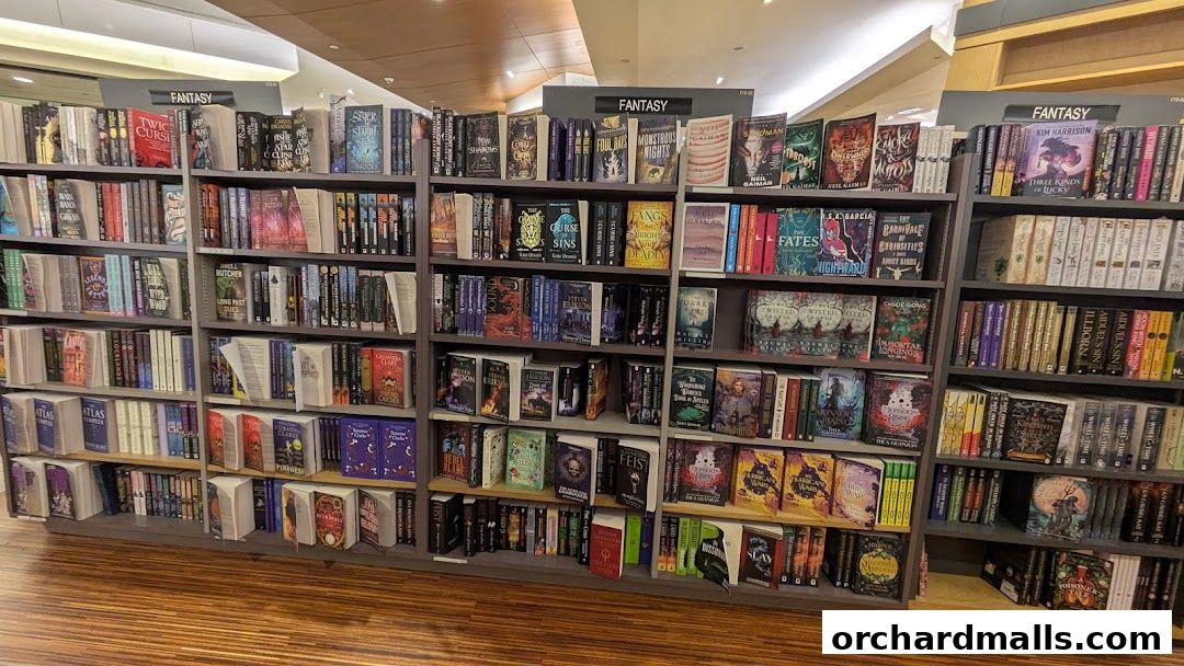 A wide shot of bookshelves filled with fantasy novels in a bookstore.
