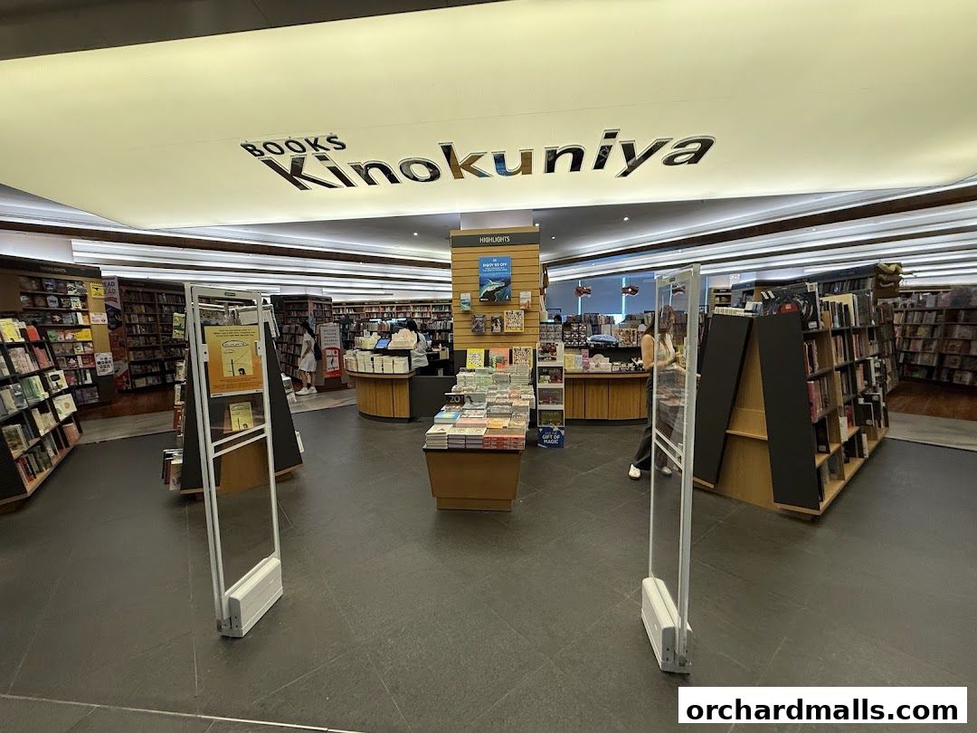 Interior view of Books Kinokuniya Singapore Main Store, showcasing bookshelves and displays.