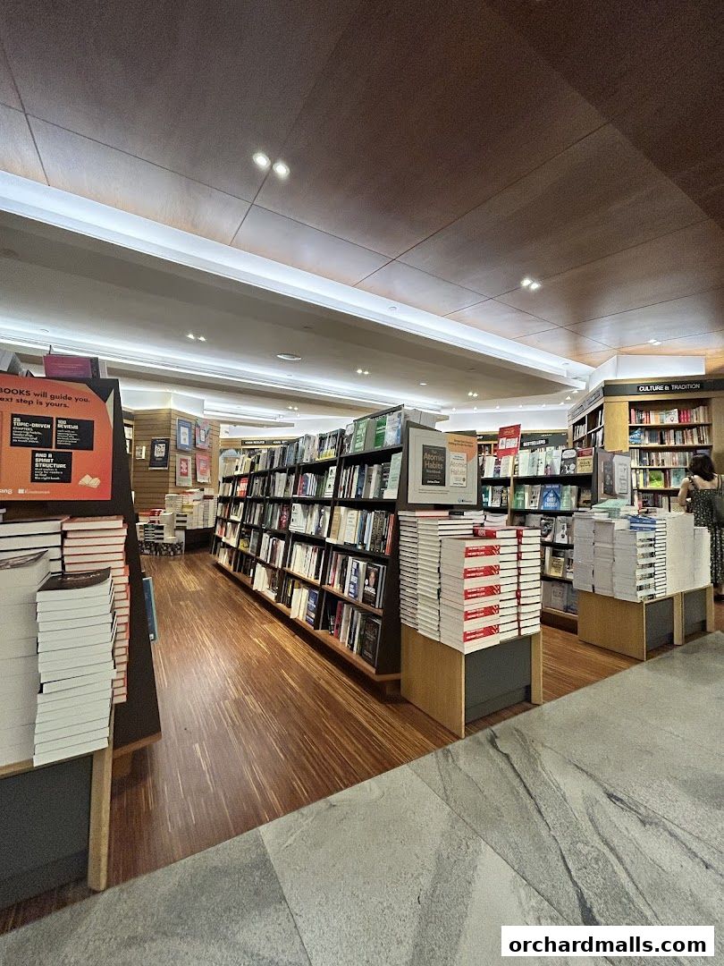 Interior view of a well-stocked bookstore with shelves full of books and displays.