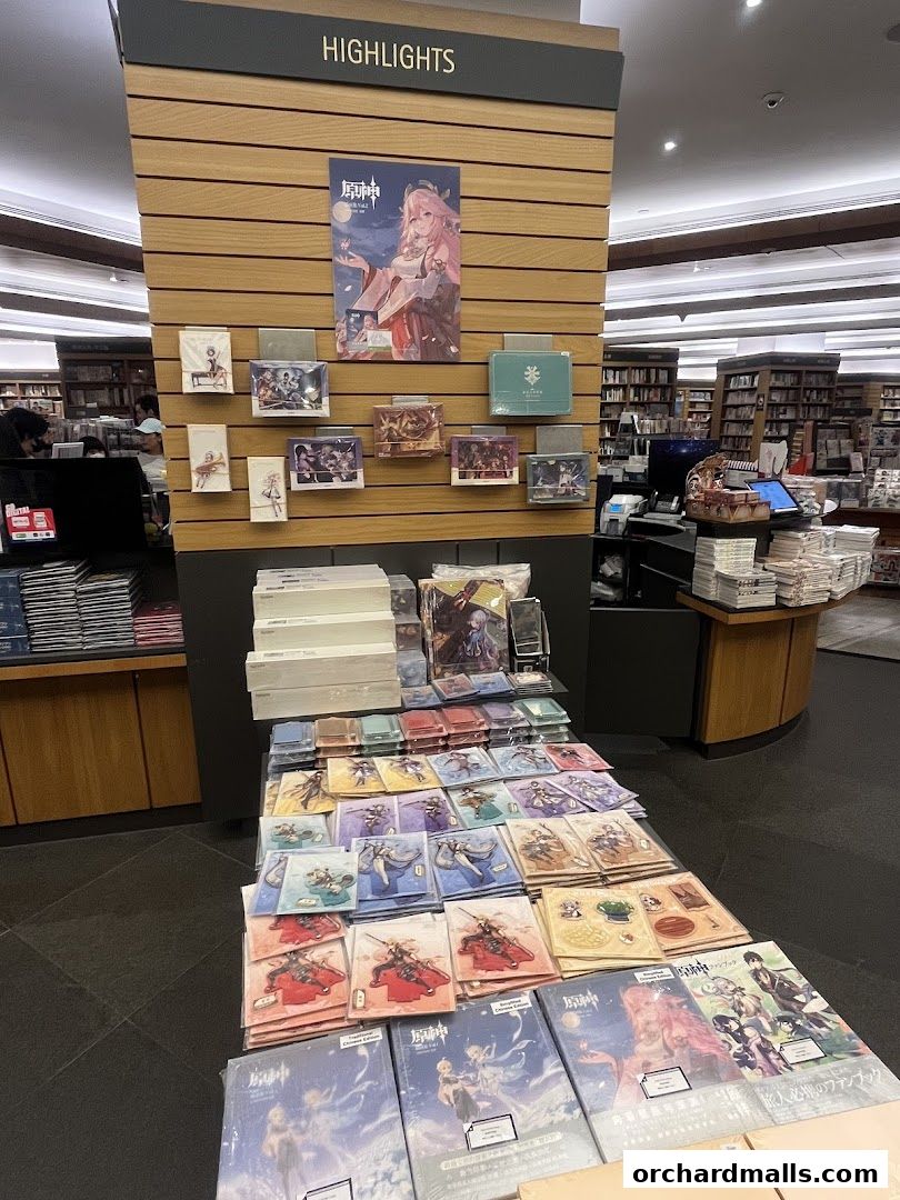 A display of anime-themed merchandise and books in a bookstore.