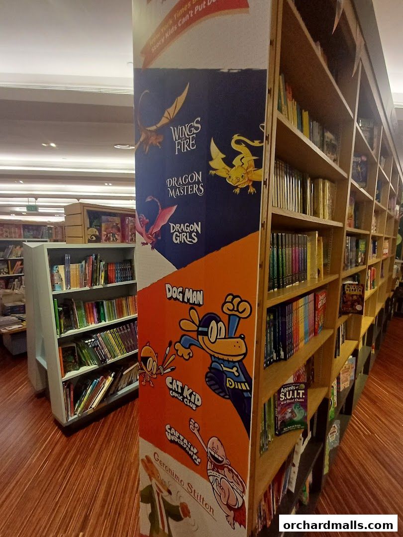 Interior view of a bookstore with shelves full of books and colorful promotional displays.