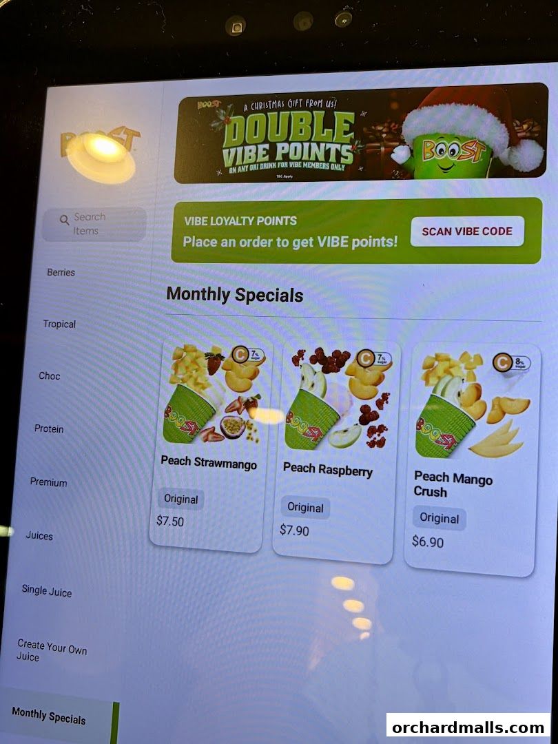 Menu page for Boost Juice  313 Somerset