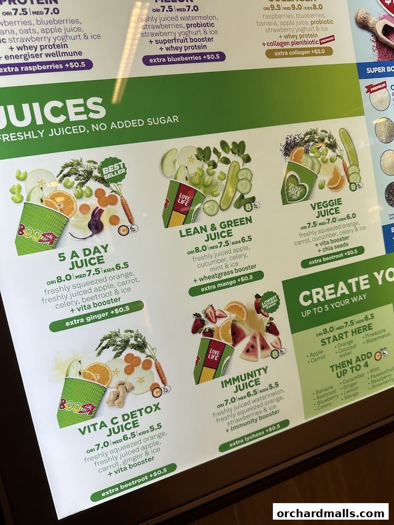 Menu page for Boost Juice  313 Somerset