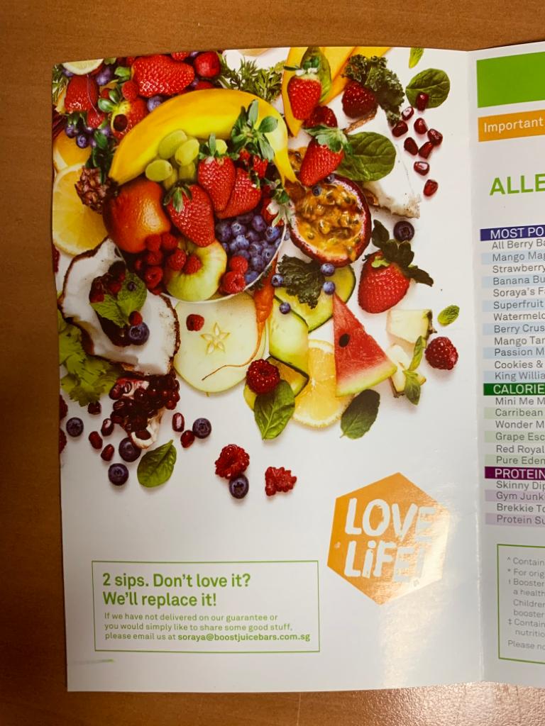 Menu page for Boost Juice  ION Orchard
