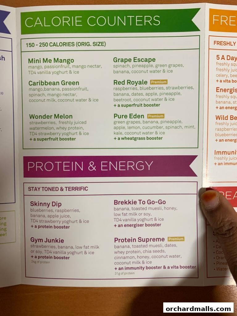 A menu from Boost Juice featuring calorie counters and protein & energy drinks.