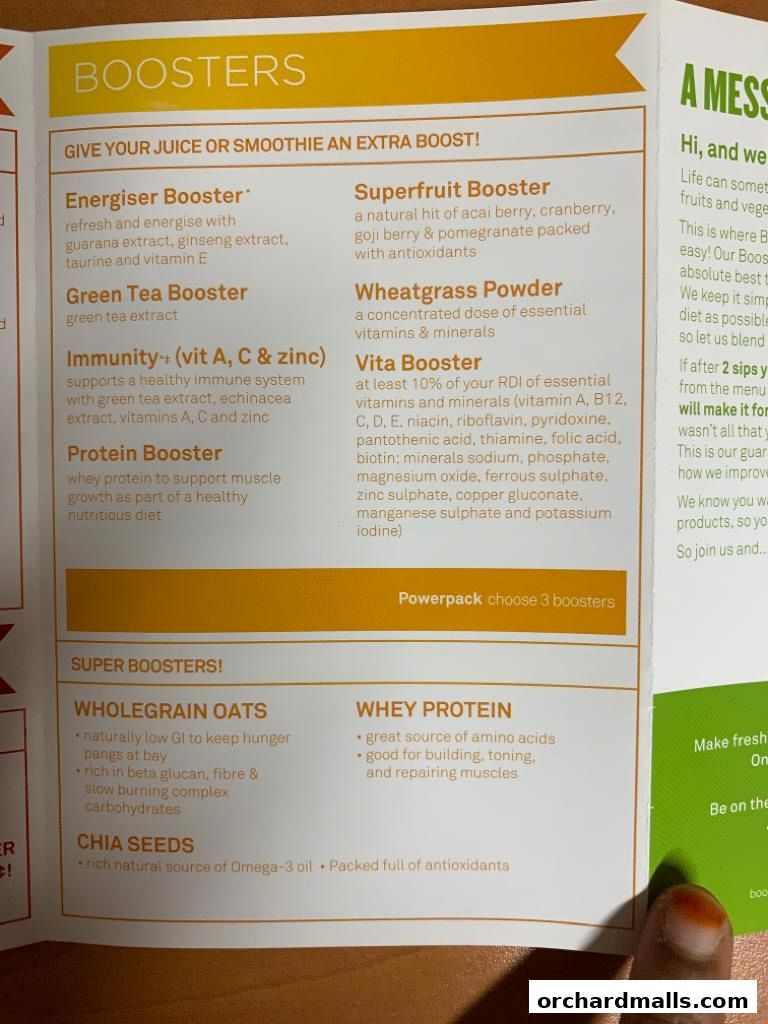 A menu showcasing various boosters and super boosters for juices and smoothies.