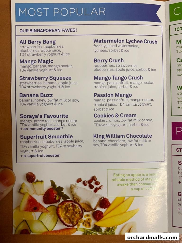 A menu showcasing popular and Singaporean favorite smoothies with ingredients listed.