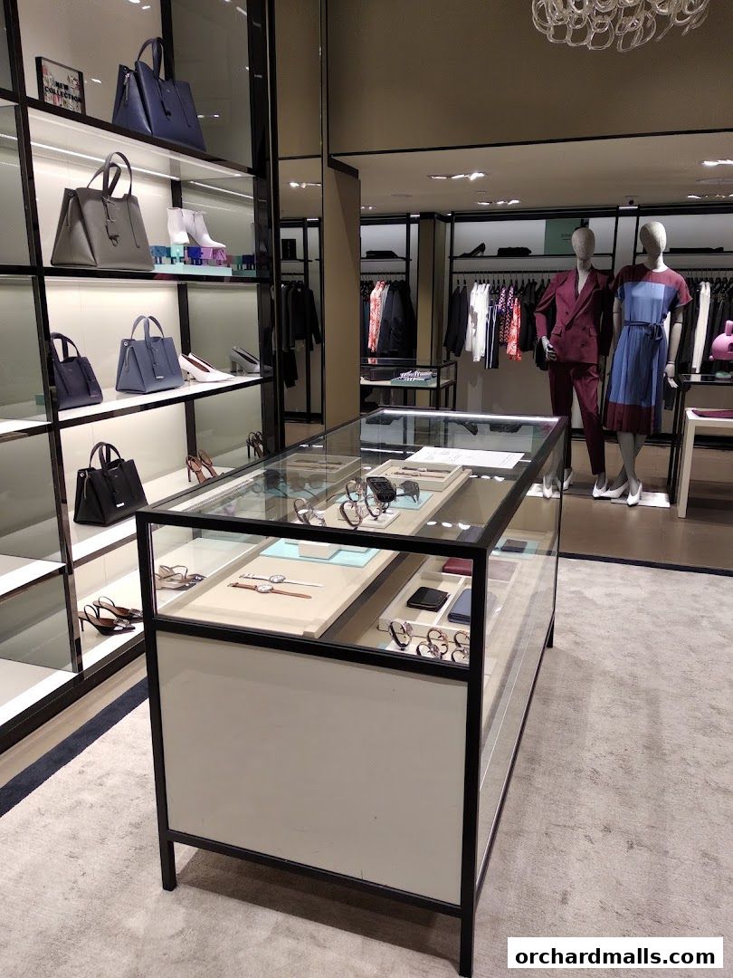 Interior view of a BOSS store showcasing handbags, shoes, watches, and apparel on display.