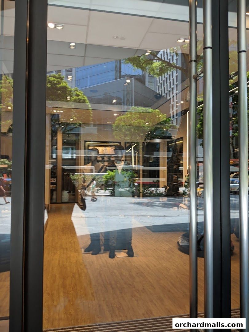 Reflection of a modern BOSS store entrance with mannequins and merchandise visible inside.