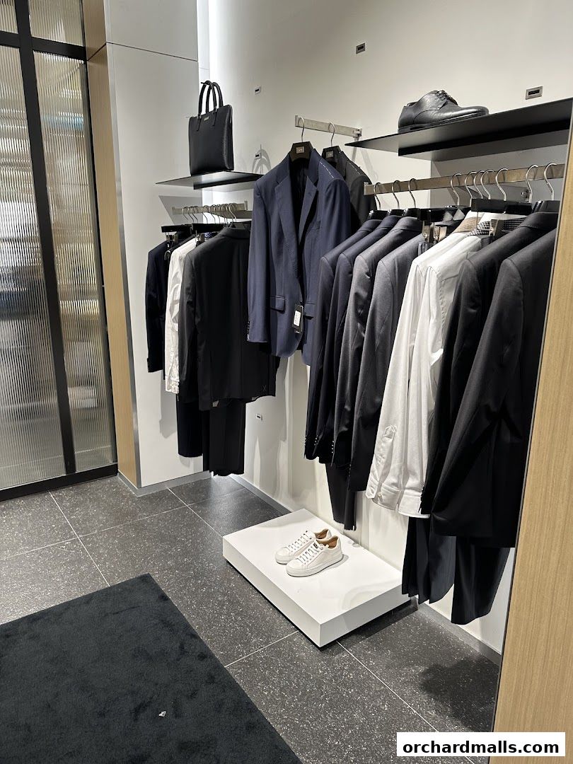 Interior view of a BOSS store showcasing men's suits, shirts, shoes, and a handbag.