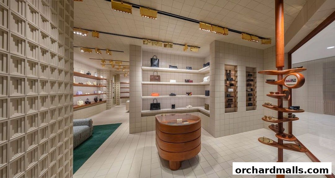Interior view of a luxury boutique showcasing handbags and accessories on shelves.
