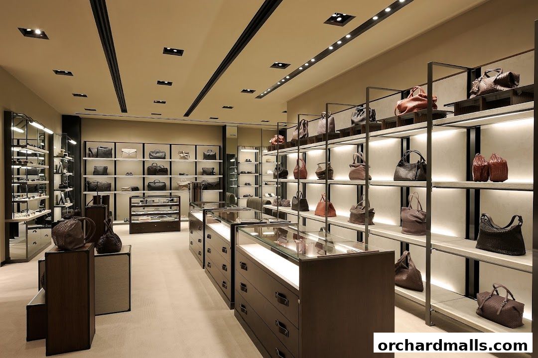 Interior of a luxury handbag store with bags displayed on shelves and in cases.