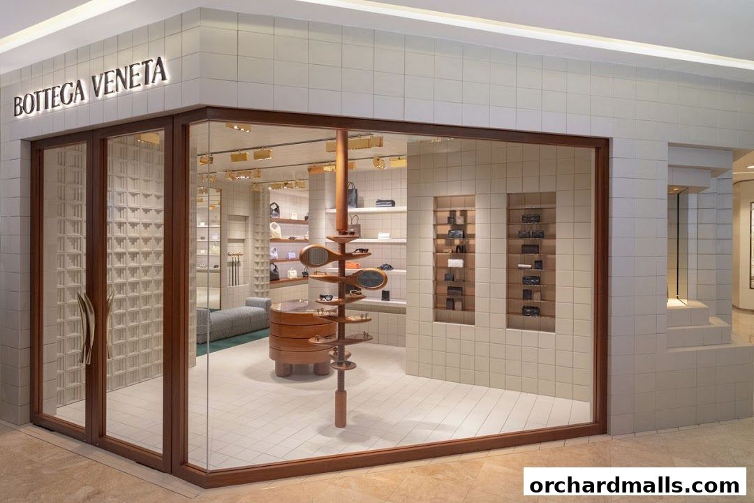 The exterior of the Bottega Veneta Singapore Takashimaya store, showcasing its elegant interior and products.