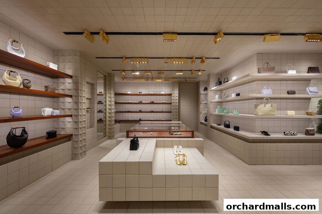 Interior of a luxury handbag and shoe store with tiled walls and shelves displaying merchandise.