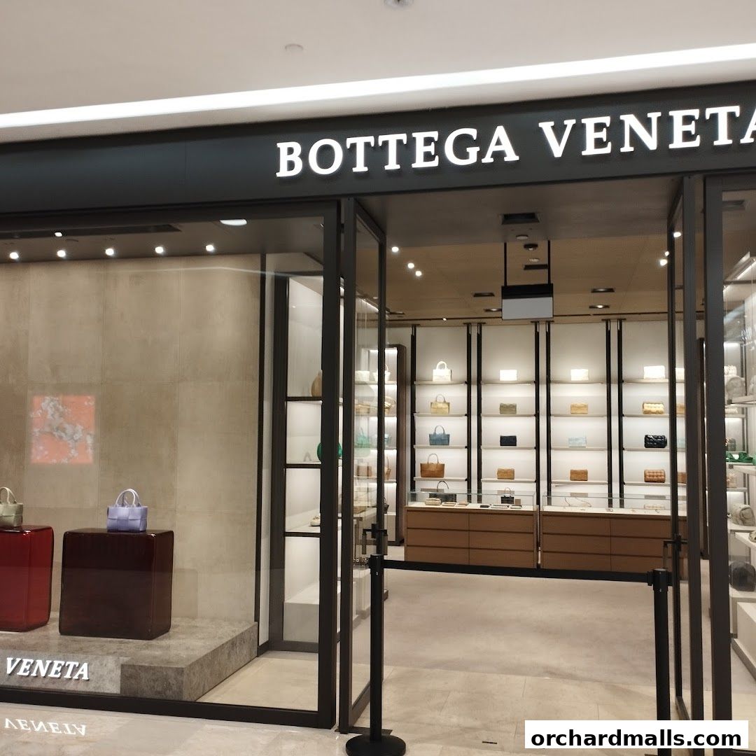 The Bottega Veneta store entrance showcases luxury handbags on illuminated shelves.
