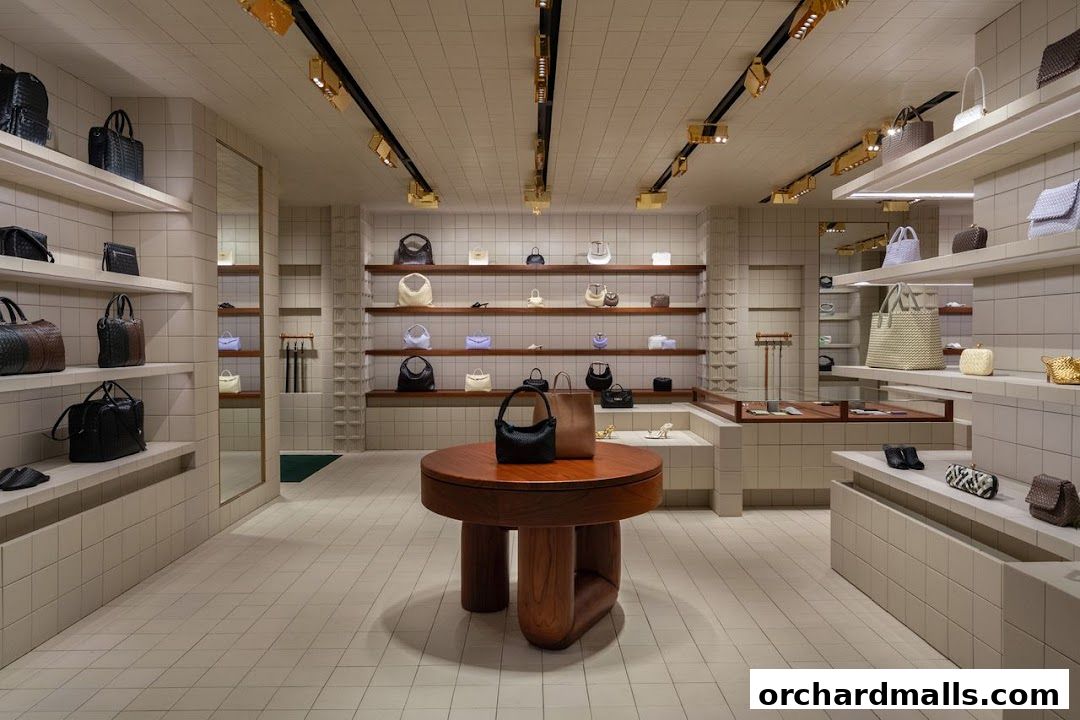 Interior view of a Bottega Veneta store showcasing handbags and accessories on shelves.