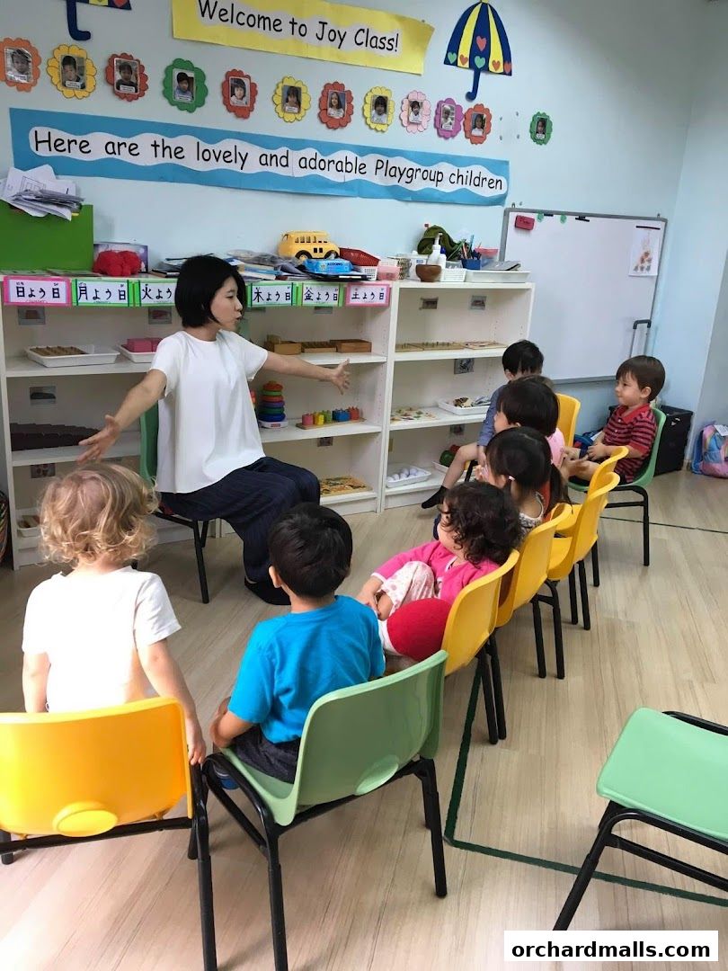 A teacher interacts with young children in a brightly decorated Montessori classroom.