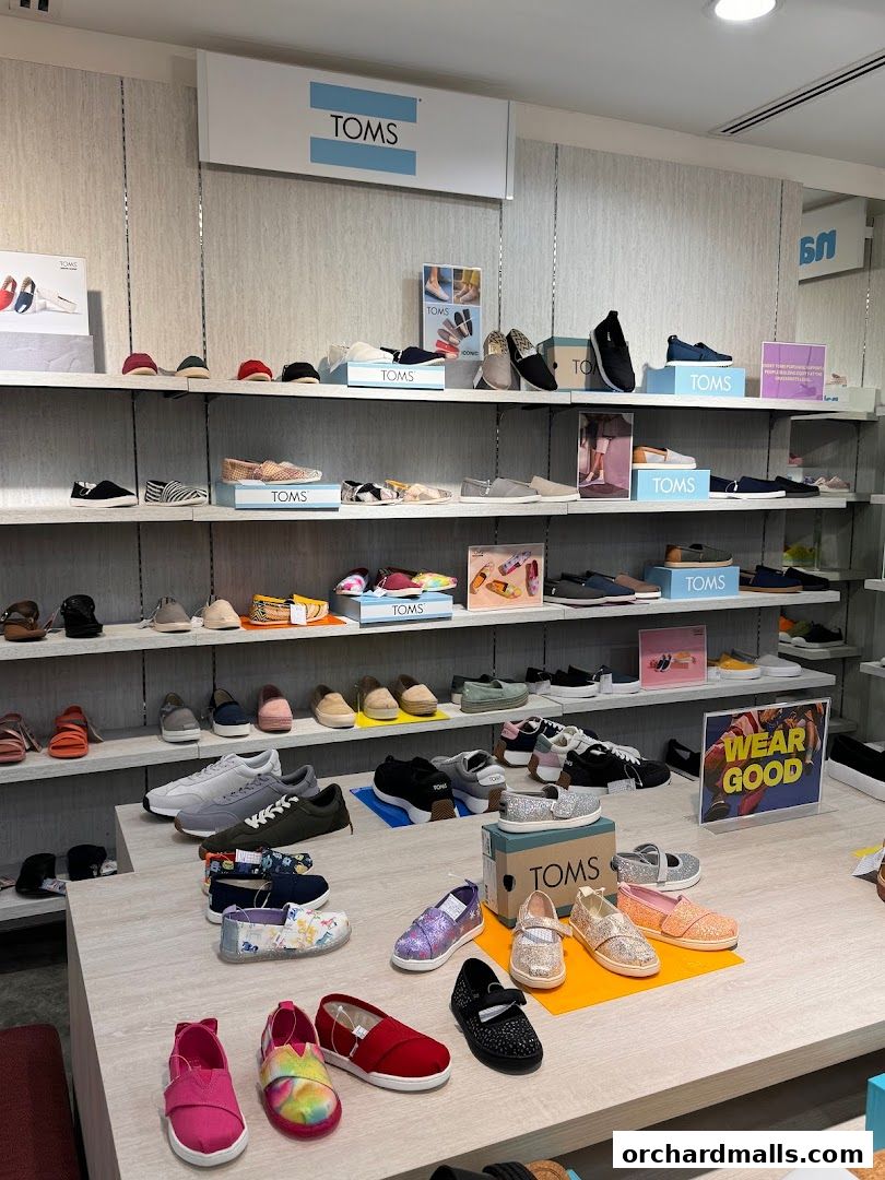 A well-lit shoe store interior displaying a wide variety of TOMS footwear on shelves and tables.