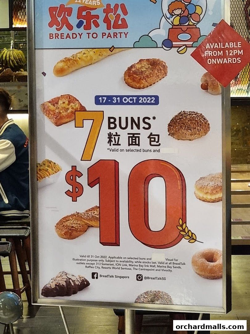 A promotional poster for BreadTalk offering 7 buns for $10.