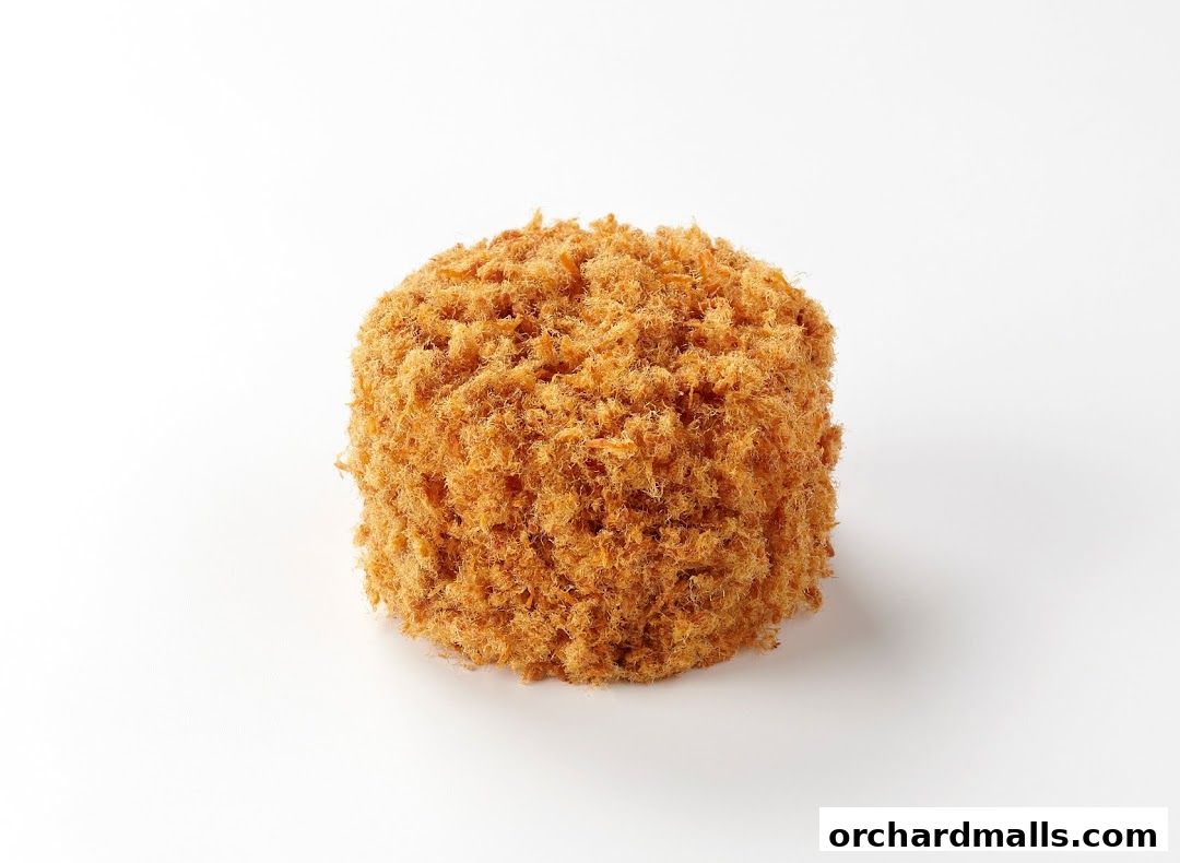 A close-up shot of a fluffy, golden-brown cake covered in shredded pork floss.